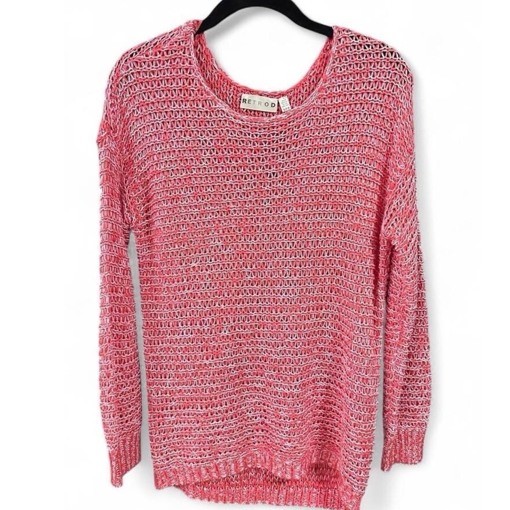 RETROD Light-Weight Coral &‎ White Knit Long Sleeve Tunic Sweater Relaxed Fit